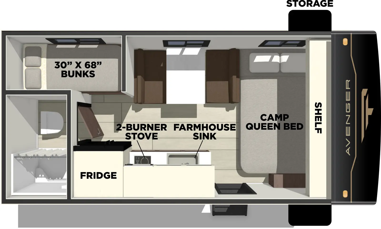 The Avenger 16BH floorplan has one entry and zero slide outs. Exterior features include: metal exterior and 10' awning. Interiors features include: bunk beds and front bedroom.